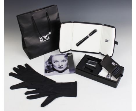 A Mont Blanc Special Edition Marlene Dietrich fountain pen, the black resin body with platinum plated mounts, mother of pearl