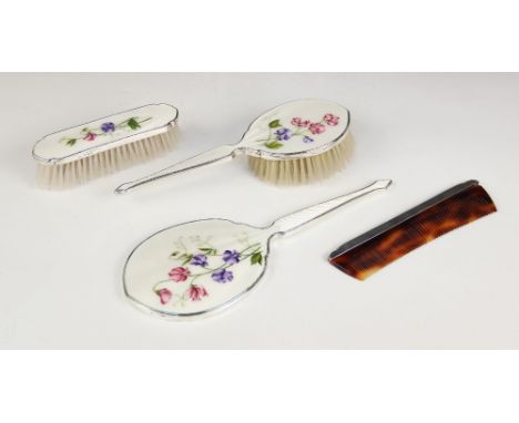 A part silver and enamel dressing table set, Henry Clifford Davis, London 1951-52, comprising; a hand mirror, hairbrush and c