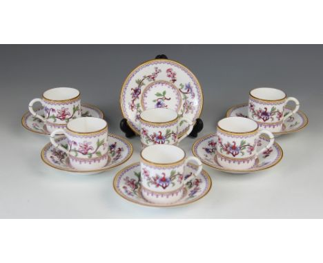An Edwardian Royal Worcester 'Indian Tree' six place coffee service, coffee can with faux bamboo handles,  each piece with pu