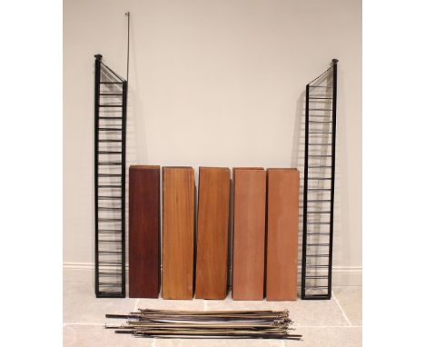 A Staples 'Ladderax' shelving unit, comprising five painted metal 'ladder' supports, 162cm high, along with twenty two teak s