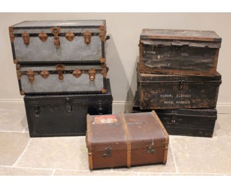 Two vintage Mossman trunks, with removable fitted trays, 80cm wide, a third similar blue trunk, with leather side handles, 92