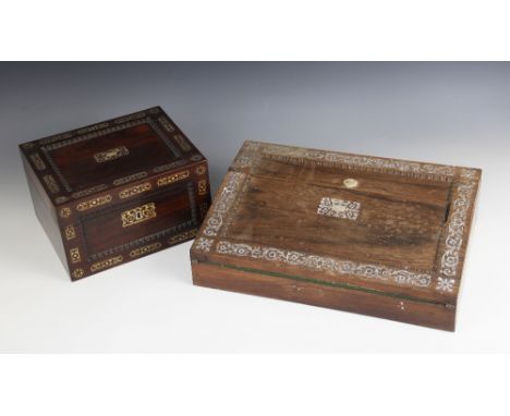 A mid 19th century rosewood and mother of pearl inlaid work box, the panelled top with beaded detail opening to a compartment