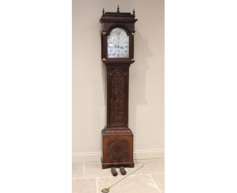 A George III oak cased eight day longcase clock, later carved, probably Banister of Lichfield, the makers name later over pai