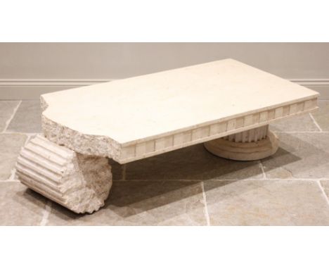 A mid 20th century neo-classical simulated marble coffee table, the composite slab top raised upon Grecian style architectura