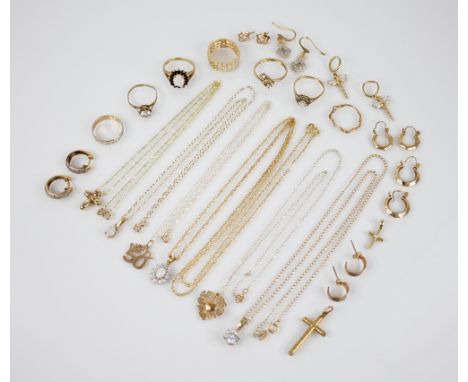 A selection of 9ct gold and gold coloured jewellery, to include a pair of diamond set 9ct gold drop earrings, each 25mm long,