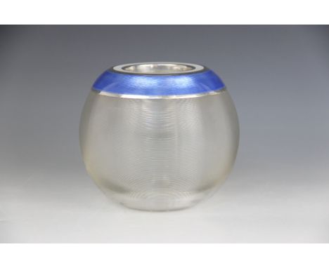 A George V silver and enamel globular glass match striker, London 1913 (maker's mark worn), cut glass body silver collar deco