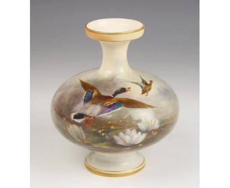 A Royal Worcester vase, early 20th century, of compressed spherical form, decorated by James Stinton with mallards taking fli