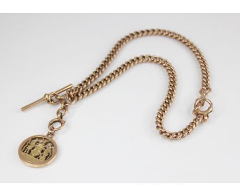 An early 20th century 9ct gold watch chain, comprising two curb link chains, with T-bar link, terminating in lobster claw and