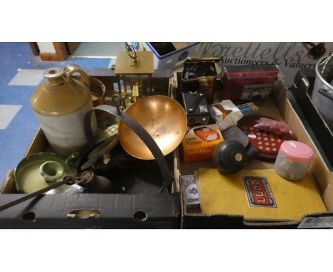 Two Trays of Curios to Include Vintage Steel Yard, Cameras, Solitaire Game, Bowls Jack, Metalwares 