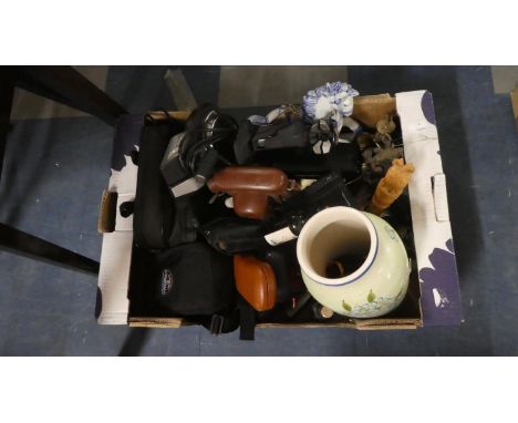 A Box Containing Various Vintage Cameras Ornaments, Hindu Figures etc 