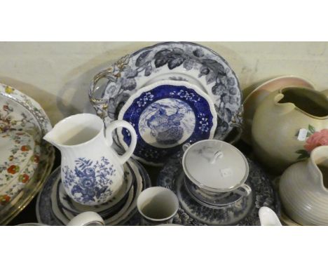 A Tray of 19th and 20th Century Blue and White China to Include Circular Two Handled Tray, Turkey Plate, Royal Worcester Blue