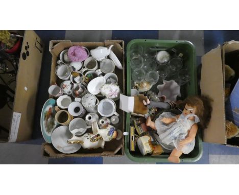 Two Boxes of Ceramics and Glassware, Vintage Doll 