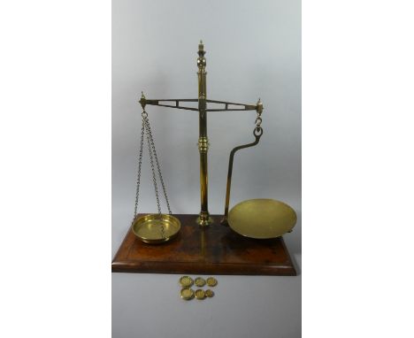 A Late 19th Century Set of Brass Pan Scales with Weights on Rectangular Wooden Plinth Base, 56cm Wide 