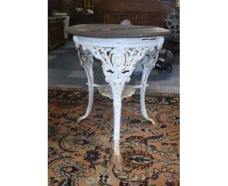 A Victorian White Painted Cast Iron Pub Table with Circular Wooden Top (AF), Stretcher Shelf Inscribed for Gaskell and Chambe