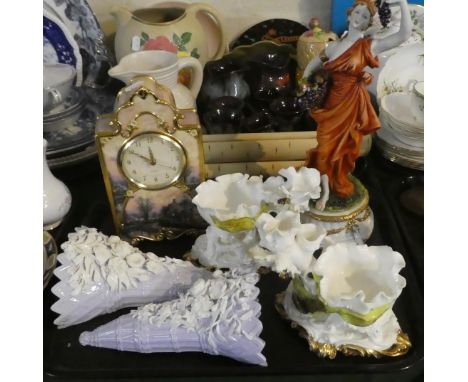 A Tray of Ceramics to Include Continental Figural Ornament, Limited Edition Lamplight Lane Mantle Clock, Pair of Wall Pockets