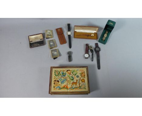A Tray Containing Various Vintage Wrist Watches, Crucifix, Miniature Photoframes etc 