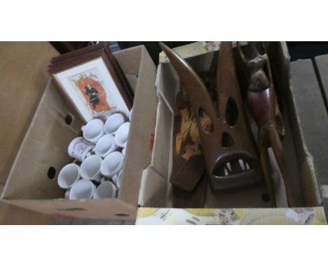 Box Containing Souvenir Tribal Ornaments Together with a Box of Denby Tankards, Prints etc 