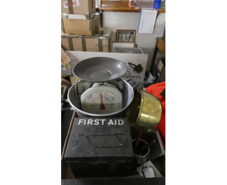 A Tray of Metalwares to Include Aluminium Cooking Pan, Brass Jam Pan, Metal First Aid Box, Kitchen Scales, Cigarette Case and