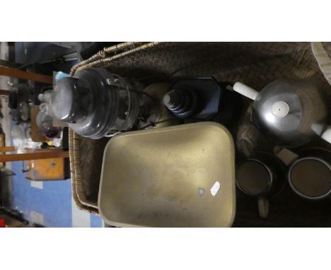 A Set of Vintage Metal Kitchen Scales and Weights with Brass Pan, Hurricane Lamp and Ever Hot Three Piece Teaservice 
