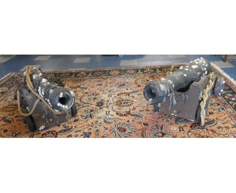 A Pair of Stage or Film Props in the Form of Ship's Cannons on Carriages with Ropes, Seaweed, Limpets and Barnacles, Each 1.4