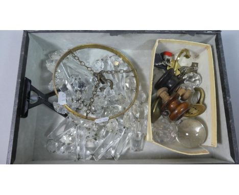 A Tray Containing Vintage Door Knobs Together with a Crystal Drop Light Fitting 