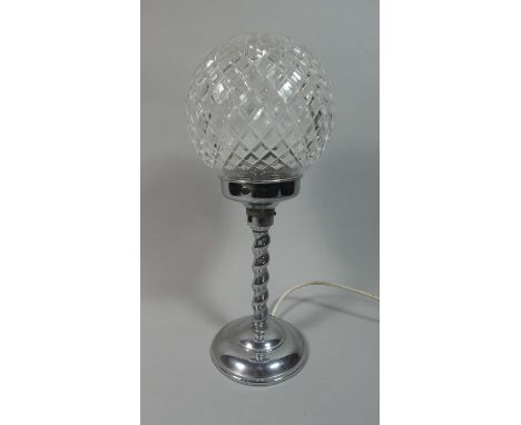 A Chromed Art Deco Table Lamp with Barley Twist Support and Globular Glass Shade, 35cm High 