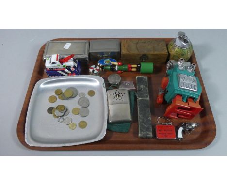 A Tray of Curios to Include Plastic Robot Toy, Globe Lighter, Vintage Razors, Coins etc 