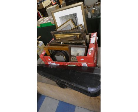 A Box of Various Pictures Frames, Violin Case Containing  Bow 