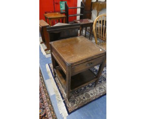 An Oak Square Top Trolley with Stretcher Shelf and Drawer Together with a Stained Pine Three Shelf Wall Mounting Corner Cabin