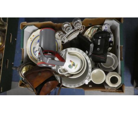 A Box of Sundries to Include Ceramics, Cameras, Hip Flask, Clock etc 