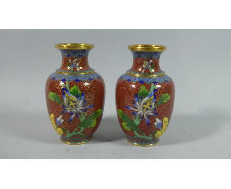 A Pair of Small Oriental Cloisonne Enamel Vases with Floral Decoration, 10.5cm High 