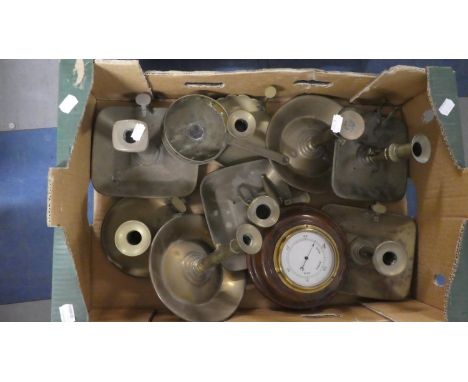 A Box Containing Brass Bed Chamber Sticks, Aneroid Barometer etc 