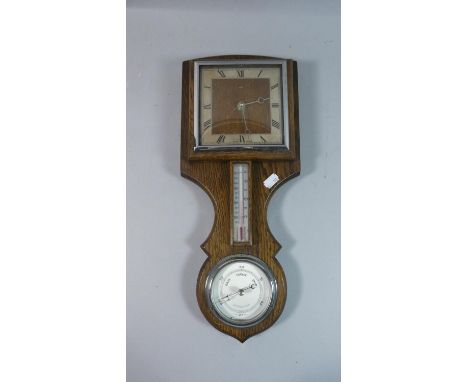 An Art Deco Oak Wall Hanging Weather Station with Clock, Aneroid Barometer and Thermometer, Clock Movement Replaced with Batt