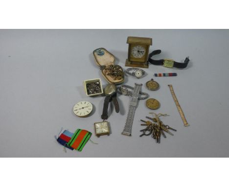 A Tray Containing Various Vintage Wrist Watches, Pocket Watch Keys, Compass, Alarm Clock etc 