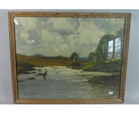 A Framed Norman Wilkinson Print Depicting Fly Fisherman Landing Catch, 54cm Wide 