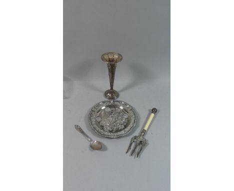 A Collection of Silver Plate and Silver to Include Ivory Handled Toasting Fork by Roberts and Belk, Chinese White Metal Plate