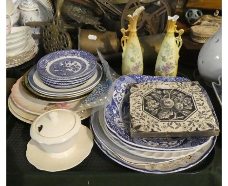 A Tray of Ceramics to Include Decorated Plates, Victorian Tile, Copland Spode Blue Italian Plates etc 