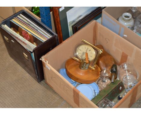 ASSORTED RECORDS &amp; BOX WITH WOODEN DUCK ORNAMENT, NUT CRACKER BOWL, SEIKO CLOCK, CRYSTAL WARE ETC    