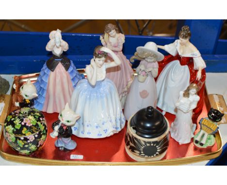 TRAY WITH VARIOUS FIGURINE ORNAMENTS, ROYAL DOULTON ETC, GOEBEL CAT ORNAMENTS, ROYAL WINTON LIDDED JAR ETC    