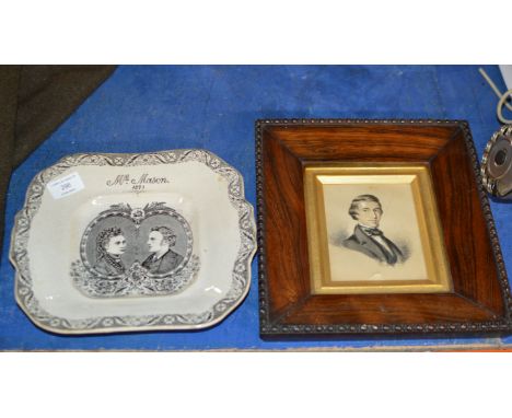 VICTORIAN TRANSFER WARE DISH &amp; ROSEWOOD FRAMED PORTRAIT PICTURE    