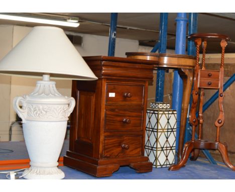 LARGE LAMP WITH SHADE, MODERN MAHOGANY 3 DRAWER CHEST, HALF MOON TABLE, PLANT TABLE &amp; DECORATIVE VASE    