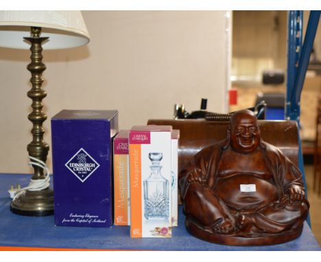 LARGE DECORATIVE BUDDHA DISPLAY, TABLE LAMP &amp; ASSORTED BOXED CRYSTAL WARE    