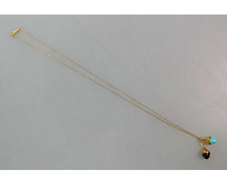 Kette mit zwei Farbstein-Anhängern, 585er Gelbgold, 20. Jh., gemarkt, Ankerkette mit Kastenschloss und Sicherheitsacht, L.: c
