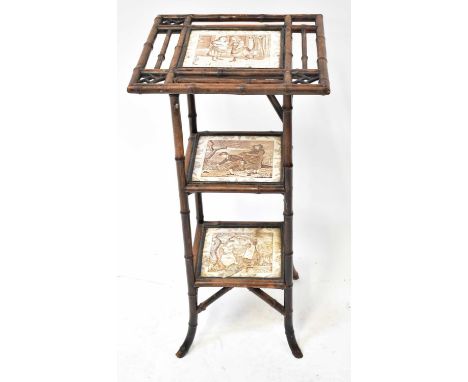 A bamboo and tile three-tier plant stand, each tile depicting a month of the year, comprising January, March and May, 76 x 38