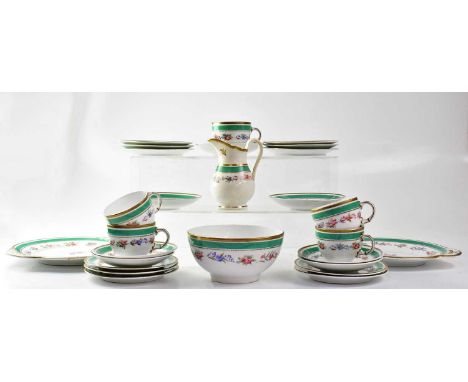 A 19th century porcelain part tea service, white ground with printed and hand painted flowers, in a gilt and green border, co