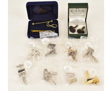 Nine pairs of modern gentlemen's cufflinks, together with a gold plated tie pin and tie clip.