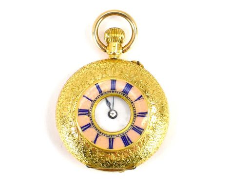 An 18ct gold demi-hunter pocket watch of small proportions, the white enamelled dial set with Roman numerals, crown wind move