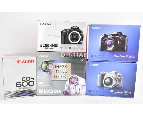 CANON; four boxed cameras comprising video camcorder MVX250i, a Powershot SX10 IS, a Powershot S215, EOS400d digital, with EF