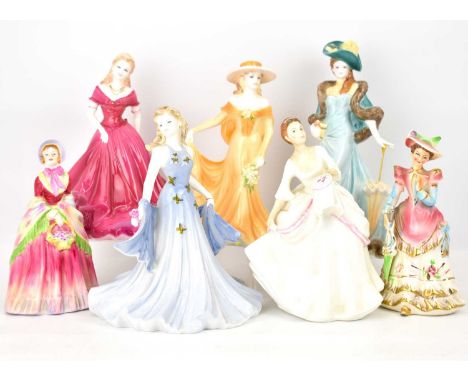 COALPORT; three 'Ladies of Fashion' porcelain figures comprising 'Belinda', 'June' and 'Shirley' and four other porcelain fig