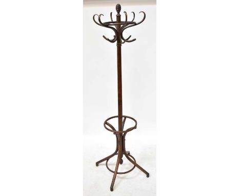 A mid-century bentwood hat stand with six scrolling hooks, above turned column and umbrella storage, to four outswept support